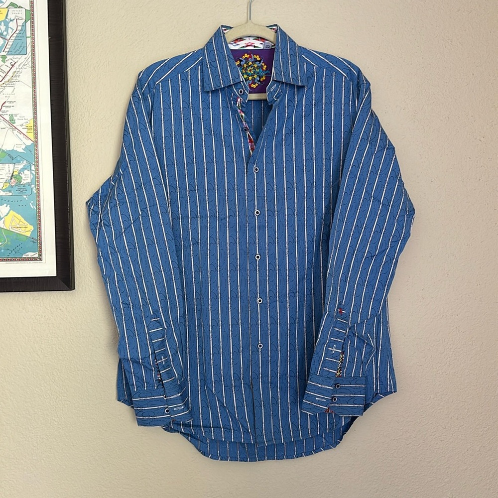 Robert Graham Blue White Striped Button Down Shirt Embroidered Accents Size M